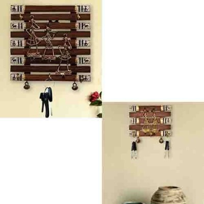  Wooden Key Holder With Dhokra & Warli Work Key Hanger Brown Wall Décor   332742008484